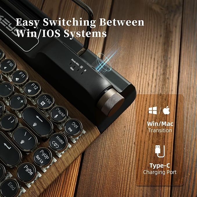 7KEYS Retro Typewriter Mechanical Gaming Keyboard, Vintage Style Computer Keyboard with Wireless Bluetooth5.0/Wired/2.4G, True RGB Backlight, Compatible with PC/Laptop/Tablet/Phone (Linear Switch)