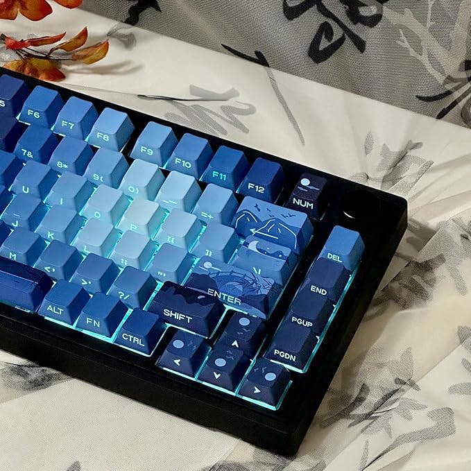 PBT Moonlit Keycaps Custom Dark Blue Shine Through Keycaps Cherry Profile 128 Keys Side Print Key Caps Gradient Blue for Mechanical Keyboards 60% 65% 75% Backlit