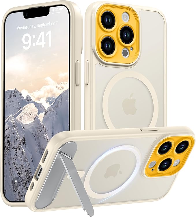 Magnetic Compatible with iPhone 13 Pro Case, [Built-in Kickstand][Full Camera Protection][Compatible with MagSafe][Anti-Fingerprint] Shockproof Phone Case for iPhone 13 Pro 6.1",Beige & Yellow