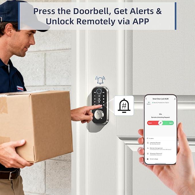 Fingerprint Door Lock for Front Door Built-in Wi-Fi OKIBB, Smart Keyless Entry Door Lock with APP Touchscreen Keypad Deadbolt, Emergency Power Port, One-Touch, IP54 Weatherproof, BHMA Grade 3