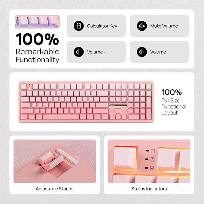 MechLands Aula F108 100% Wireless Gaming Keyboard, Full Size Custom Gasket Mechanical Keyboard, 4000mAh Battery, Programmable 108 Keys, Hot-Swappable, for Win/Mac (Pink Gradient)
