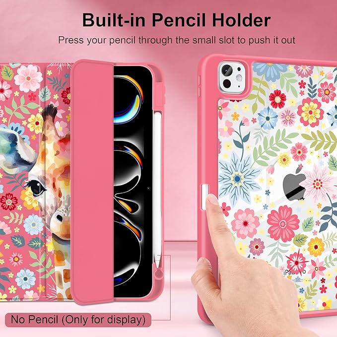 Case for iPad Pro 13 inch (M5) 2025 (M4) 2024 Release Slim Lightweight Cute Hot Pink Cover with Clear Back TPU Edge Pencil Holder Trifold Stand, Giraffe