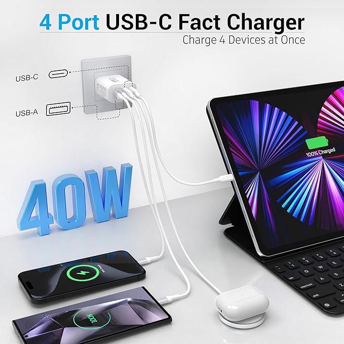 TT&C 40W USB C Charger Block 2-Pack, 4-Port Fast Charging Block (2 USB-C + 2 USB-A), Compact Multi-Device Wall Plug Adapter for iPhone 17,16,15,14,13, Pro Max, Samsung Galaxy S24/S23, Travel & Home