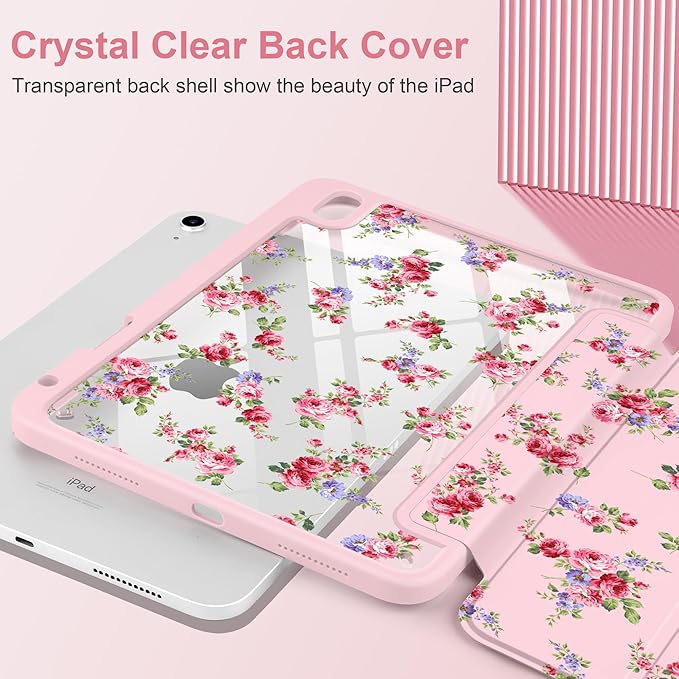 Case for iPad Air 11 inch M4 2026 M3 2025 M2 2024,iPad Air 5th (2022) / 4th (2020) 10.9 Inch Clear Back Shell Shockproof TPU Edge Trifold Stand Auto Wake Sleep Cute Cover, Elegant Rose
