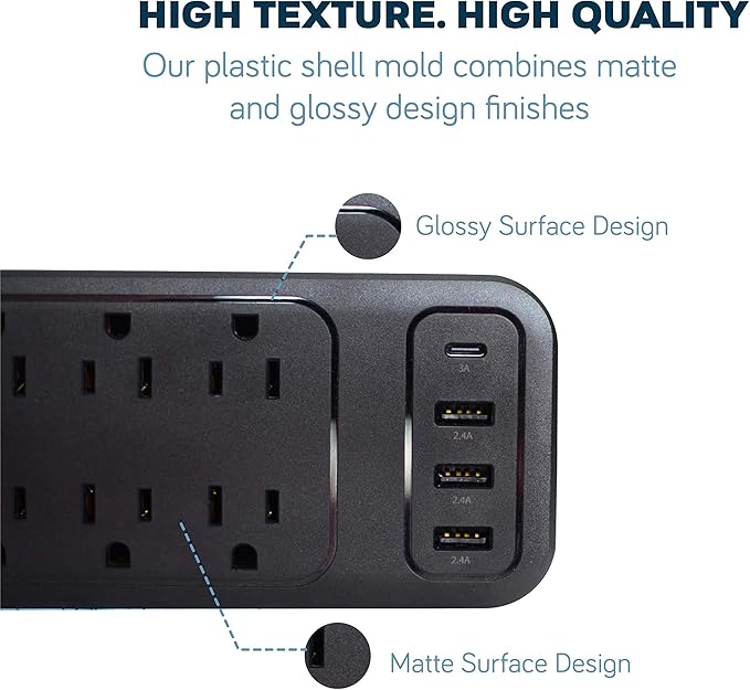 Power Strip Surge Protector USB-C and 10 AC Outlets, 3 USB and 1 USB C, Fast Charging Ports, Black, Flat Plug 6 ft Extension Cord, 2100 J 1875 Watts, 15A, Outlet Extender, ETL, BENTRONIC.