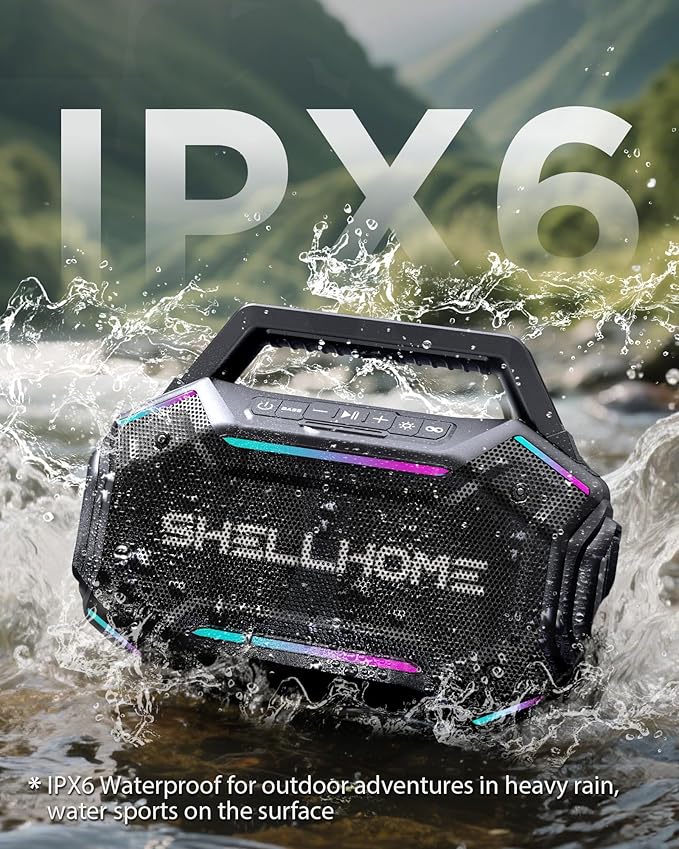 ShellHome Bluetooth 6.0 Speakers Outdoor, 80W(Peak) Loud Speaker with Bass, 30H Playtime, IPX6 Waterproof, RGB Lights, BassUp 2.0, TWS, Portable Large Jobsite Speakers for Workshop, Garage,Yellow