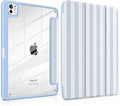Case for iPad Pro 13 inch (M5) 2025 (M4) 2024 Release with Pencil Holder - Cute Preppy Coastal Design Aesthetic Blue White Striped Trifold Cover with Soft Bumper, Clear Back, Auto Sleep/Wake