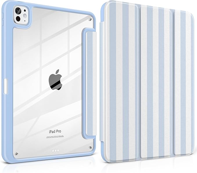 Case for iPad Pro 11 inch (M5) 2025 (M4) 2024 Release Aesthetic Blue White Striped Cover with Clear Back TPU Edge Pencil Holder Trifold Stand, Cute Preppy Coastal Design for Girls