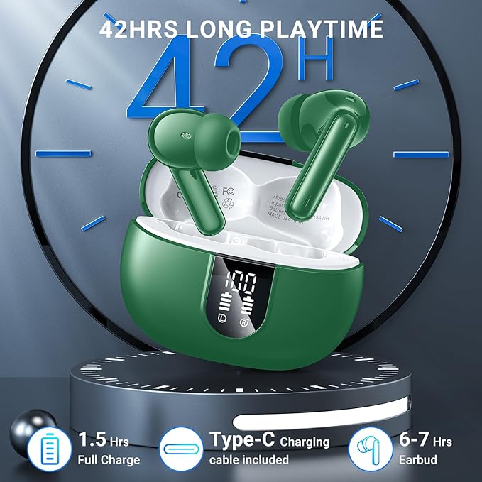 Wireless Earbuds,2024 Wireless Headphones HiFi Stereo Earphones with 4 ENC Noise Canceling Mic, 42Hs Playtime In Ear Earbud,Bluetooth 5.3 Sport Earphones with LED Power Display for Android iOS Green