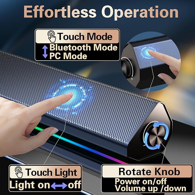 LENRUE Computer Speakers for Desktop PC, PC Speakers with Bluetooth for Laptop,Tablet,Cellphone,USB Wired PC Sound-bar with Stereo Sound, Touch Colorful Lighting, Touch Playing Mode(No Aux Needed)