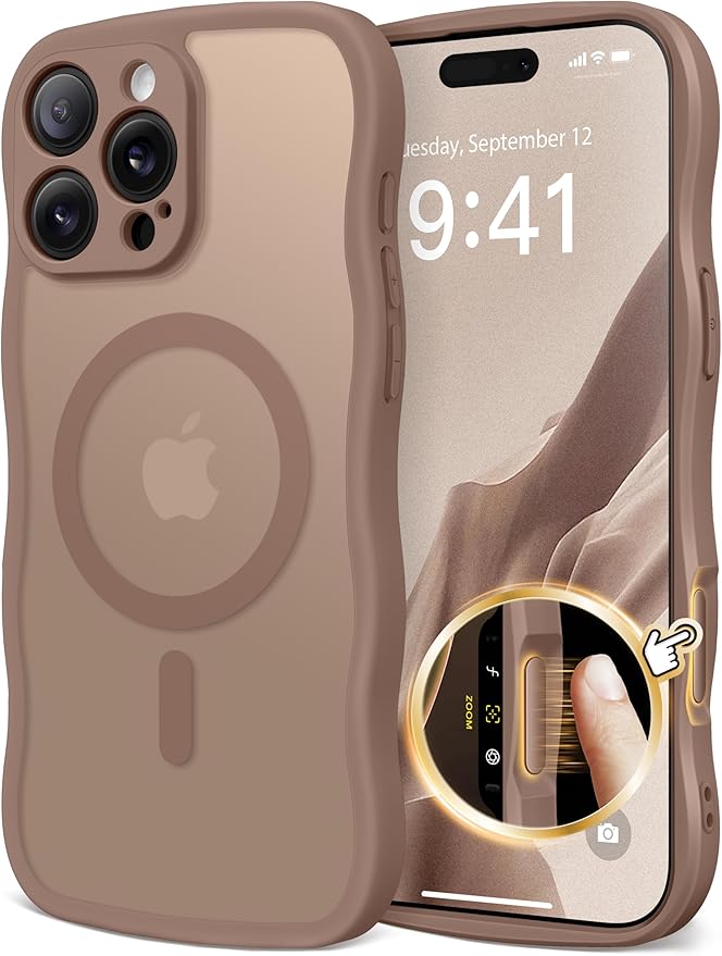 CAPRARO for iPhone 16 Pro Max Case for Women Girls, Upgraded [Full Camera Protection] [Compatible with MagSafe] Cute Wave Translucent Matte Phone Case for iPhone 16 Pro Max, Brown