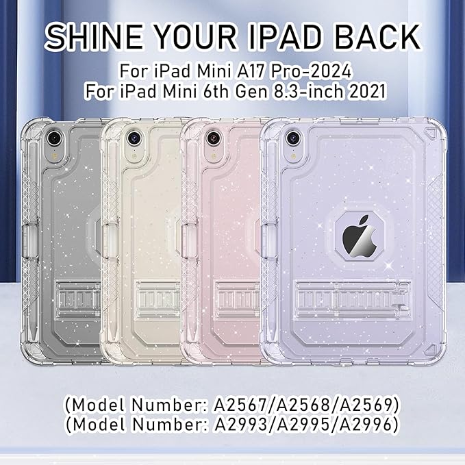 ZoneFoker Case for iPad mini A17 Pro, for iPad mini 7th/6th Generation Case 8.3 inch 2024/2021 with Pencil Holder/Stand, Slim Cover for i Pad Mini 7/6 (Clear Glitter)