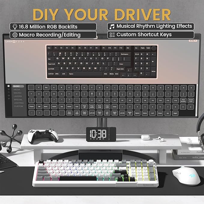 Redragon K742 Wireless Mechanical Gaming Keyboard with Knob, Bluetooth 5.0/2.4GHz/USB C Wired Creamy Keyboard with Number Pad for PC Computer, RGB Backlits, Hot-Swappable with Linear Switches (White)