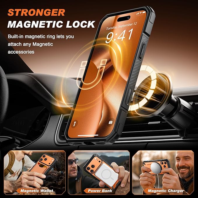 TONGATE for iPhone 17 Pro Case with 360° Spin Magnetic Stand, [Compatible with MagSafe][Military-Grade Protection] with Privacy Screen Protector & Camera Control Cover for 17 Pro, Clear Orange