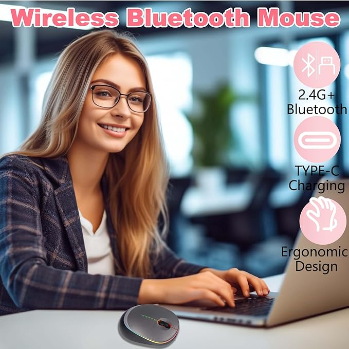 Ergonomic Vertical Mouse Wireless Bluetooth Rechargeable Silent Portable Ergo Mice with RGB LED Light & 2.4G USB Receiver, for PC Laptop Tablet Computer, Office Home, Adult Student Kids Gift-Grey