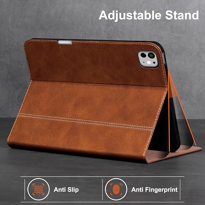Gexmil Genuine Leather Case for iPad Pro 11 Inch (M5/M4) 2025/2024 with Pencil Holder,Protective Shockproof Leather Smart Folio Cover Adjustable Stand Auto Sleep/Wake Anti-Slip,Vegetable Tanned Brown