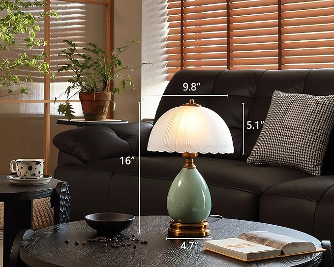 Glivpny Vintage Lamp for Living Room,16" Modern Ceramic Table Lamps for Bedroom,Retro Bedside Nightstand Traditional Lamps, Classic Chinoiserie Green Lamp for Home Decor (LD001)