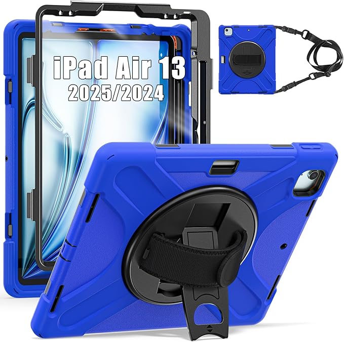 TSQQST Case for iPad Air 13 Inch M4 M3 M2 (2026-2024) with Screen Protector, Pencil Holder, Stand, Hand Strap, Military Grade Heavy Duty Rugged Case for iPad Pro 12.9 6th/5th/4th/3rd Gen, Blue