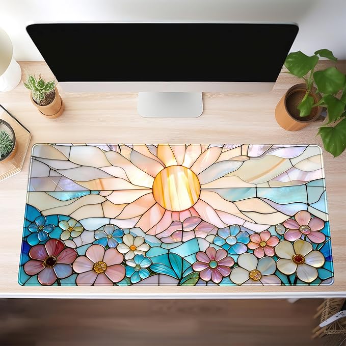 Stained Glass Desk Mat Large Mouse Pad Extended Desk Pad, Gaming Computer Mouse Mat XXL, Big Desktop Keyboard Mat, Full Desk Laptop Pad for Home Office Work, Desk Decor Aesthetic 31.5×15.7 Inch