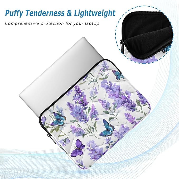 Lavender Laptop Case Sleeve, Butterfly Lavender Pattern Purple Shockproof Protective Computer Carrying Cover, Briefcase Handbags 15-16inch Laptop Sleeve Bag