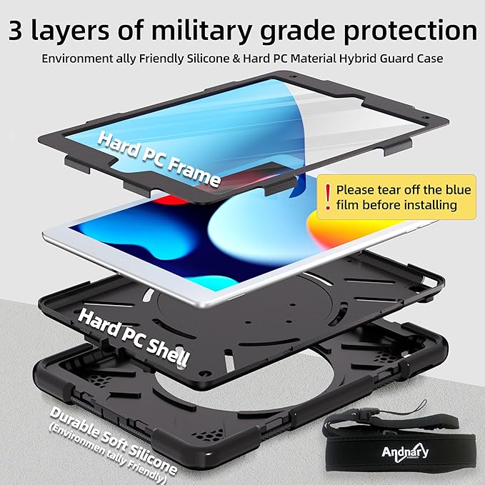 Andnary Case for iPad 9th/8th/7th Generation 10.2 inch, Shockproof Cover with Screen Protector/360° Rotate Stand/Pencil Holder/Shoulder Strap, Kids Case for iPad 2021/2020/2019 (Black)