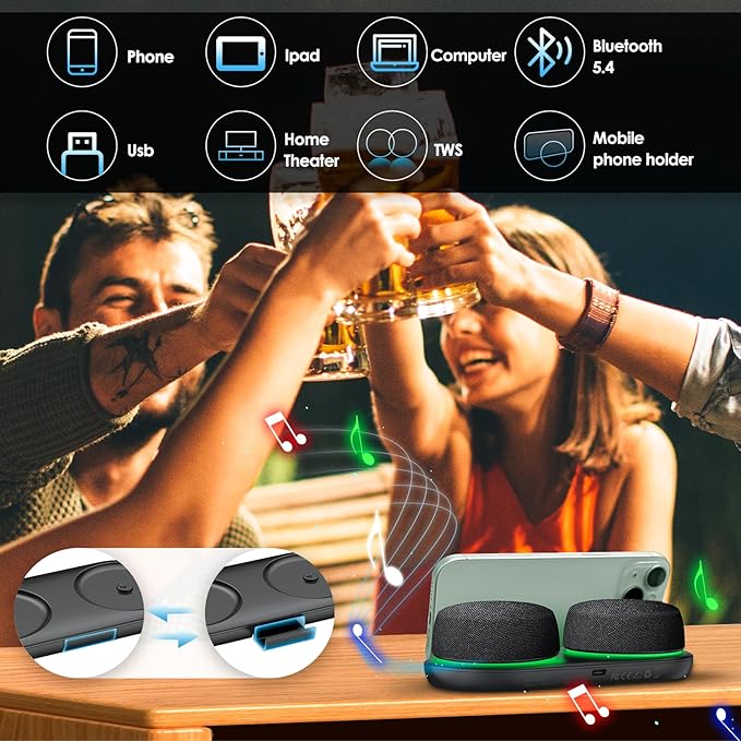 Dual Bluetooth Speaker Set with TWS Stereo & Magnetic Base – 10H Playtime, 3H with RGB Sync Lights On, Phone Stand, Wireless Speakers for TV Watching,Home Theater, Outdoor, Multi-Room