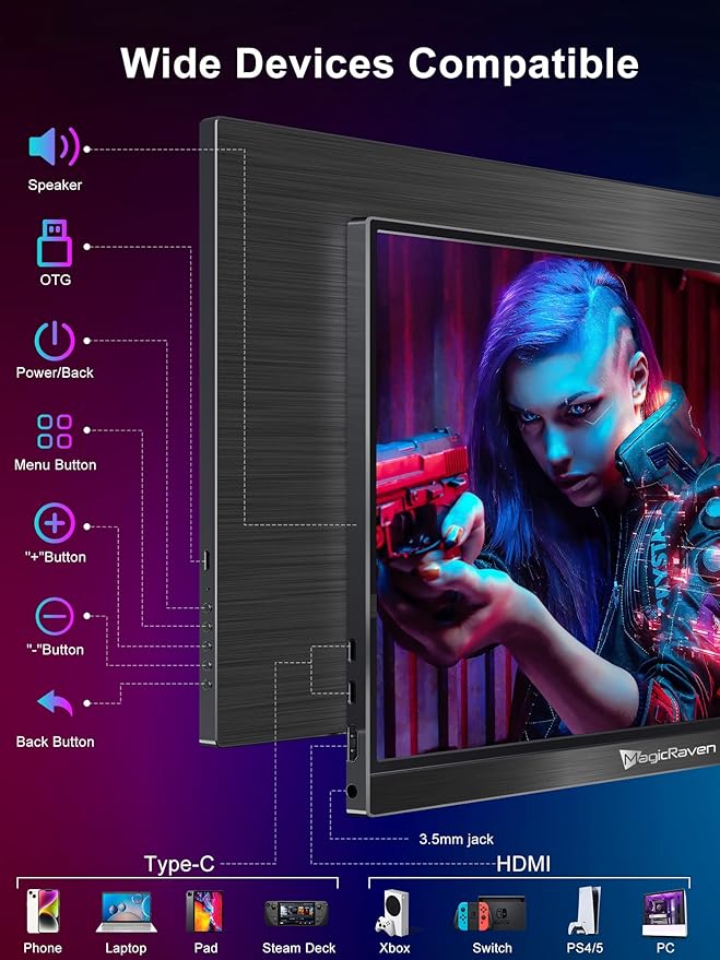 MAGICRAVEN 144HZ Portable Gaming Monitor, 17.3" 1080P Laptop Monitor, Dual USB C HDMI Second Computer Screen, VESA Gaming Display with Speakers, Travel Monitor for PS4/5 Xbox Switch MAC PC Phone
