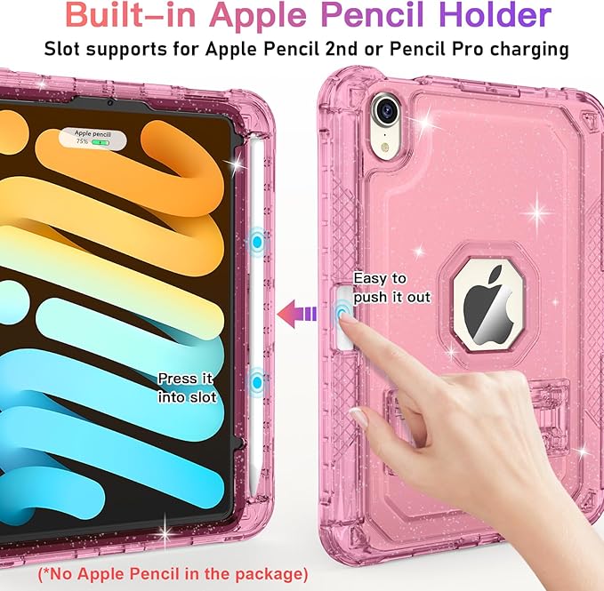 ZoneFoker Case for iPad mini A17 Pro, for iPad mini 7th/6th Generation Case 8.3 inch 2024/2021 with Pencil Holder/Stand, Slim Cover for i Pad Mini 7/6 (Clear Glitter Pink)