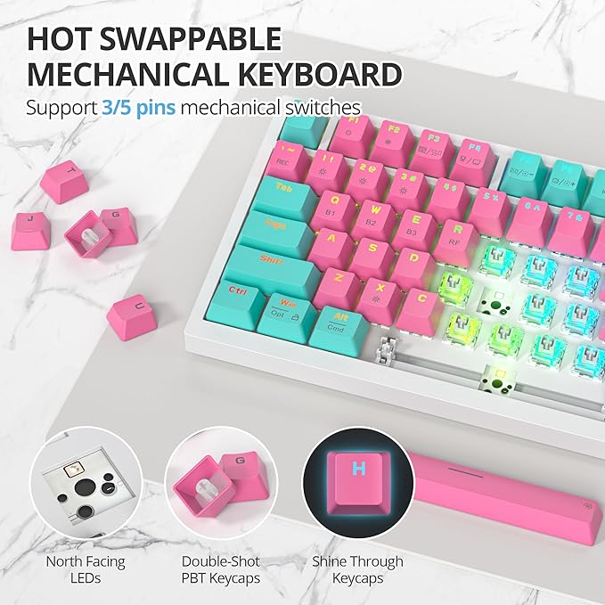 400PRO 75% Wireless Creamy Mechanical Keyboard Pink, Gasket Hot Swappable RGB Gaming Keyboard, Bluetooth/2.4GHz/USB-C Cute Keyboard with Pre-lubed Cream Grey Switches (82 Pink Cyan) ﻿