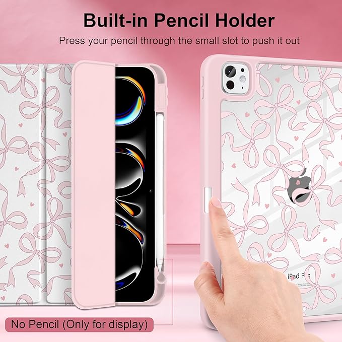 TWOLSKOO Case for iPad Pro 11-inch (M5 2025 / M4 2024), Clear Acrylic Back with TPU Bumper, Pencil Holder, Trifold Stand, Auto Sleep/Wake, Pink Bows
