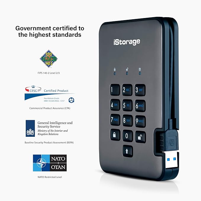 iStorage diskAshur PRO2 HDD 1TB | Secure Portable Hard Drive | FIPS Level 3 certified | Password Protected |Dust/Water-Resistant |Hardware encryption