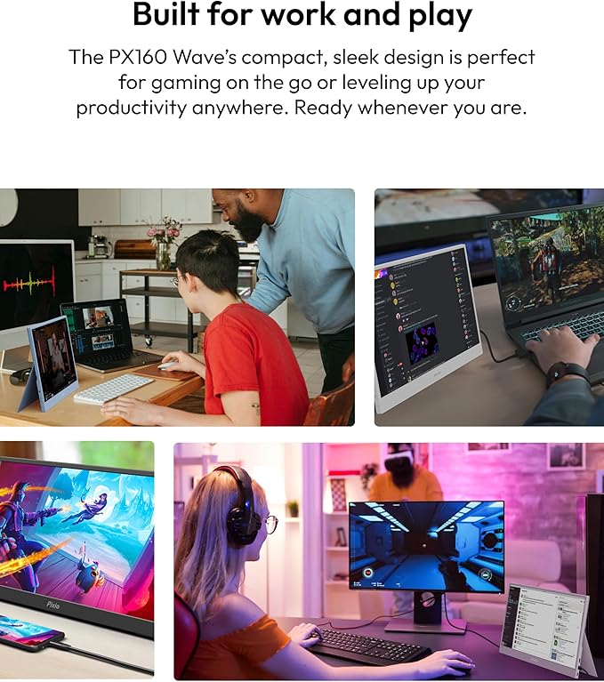 Pixio PX160 Wave Portable Monitor 15.6 inch 60Hz FHD 1080p IPS Panel HDR Screen Cover Stand USB-C HDMI Laptop Screen Extender Portable Monitor for Laptop, PC, Console, Phone