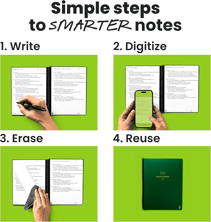Rocketbook Core Reusable Smart Notebook, Lined Pages For School, Work and Creative Projects, Executive Size 6x8.8, Green - Premium