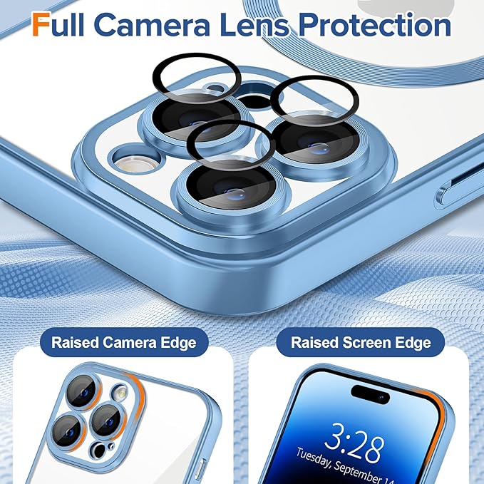Hython Magnetic Clear for iPhone 14 Pro Case with Camera Lens Protector [Compatible with MagSafe] Luxury Plating Edge Slim Soft TPU Cover Protective Phone Case for iPhone 14 Pro, Matte Light Blue