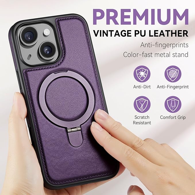 for iPhone 15 Case with Stand Compatible with Magsafe Slim PU Leather & Durable TPU Drop Proof Magnetic Kickstand Protective Phone Cover with Tempered Glass Screen Protector 6.1", Purple