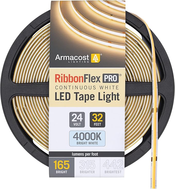 Armacost Lighting RibbonFlex Pro 24V White COB LED Strip Light Tape 4000K, 165 Lumens/Ft, 10M 171350