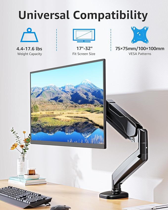 MOUNTUP Single Monitor Desk Mount Holds Screen up to 32 inch, Height Adjustable Monitor Arm, Full Motion Computer Monitors Stand with Clamp/Grommet Base, VESA Mounts Fit 4.4-17.6lbs Computer, Black