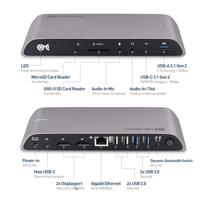 Cable Matters USB C Dock for Windows - Dual 4K DisplayPort, 80W Charging, SD Card Slot, 10Gbps USBA/USBC Port, Gigabit Ethernet - Thunderbolt 4 / USB4 Compatible USB C Docking Station