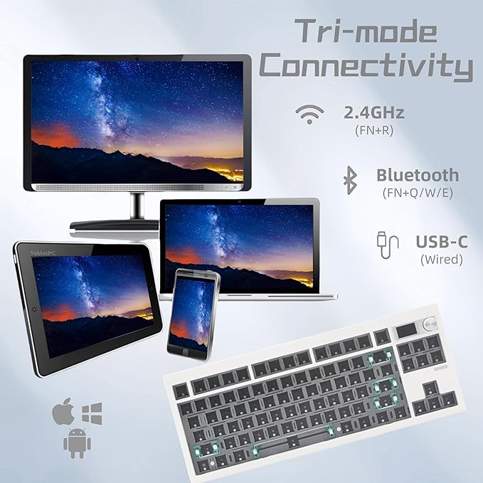 GMK87 TKL Mechanical Keyboard Kit Tri-Mode for 3/5pin Switches,85 Keys+Rotary Knob+TFT-LCD Screen Hotswap PCB Gasket Mounted,VIA Programmable DIY Keyboard Kit (White)