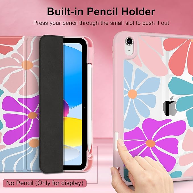 Case for iPad Air 11 inch M4 2026 M3 2025 M2 2024,iPad Air 5th (2022) / 4th (2020) 10.9 Inch Clear Back Shell Lightweight TPU Edge Trifold Stand Auto Wake Sleep Cute Cover, Stylized Flowers