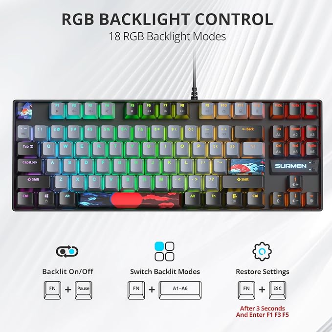75% Mechanical Gaming Keyboard with Red Switch, RGB LED Backlit Keyboard Grey, 87 Keys Compact TKL Wired Computer Keyboard for Windows Laptop PC Gamer (87 Dolch)