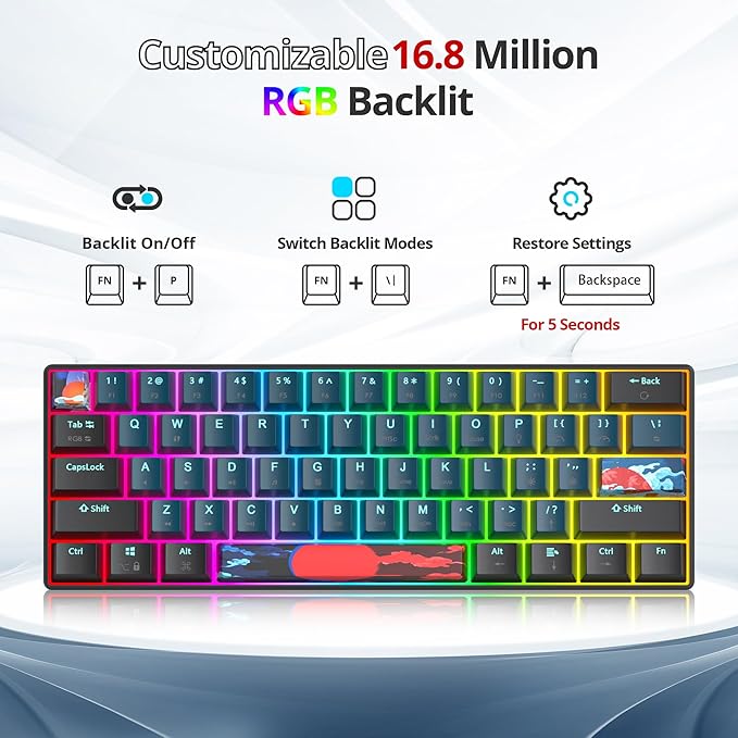 60% Mechanical Gaming Keyboard - RGB, Red Switch, Wired, Compact, 61 Keys for Windows, PS4/5, Xbox