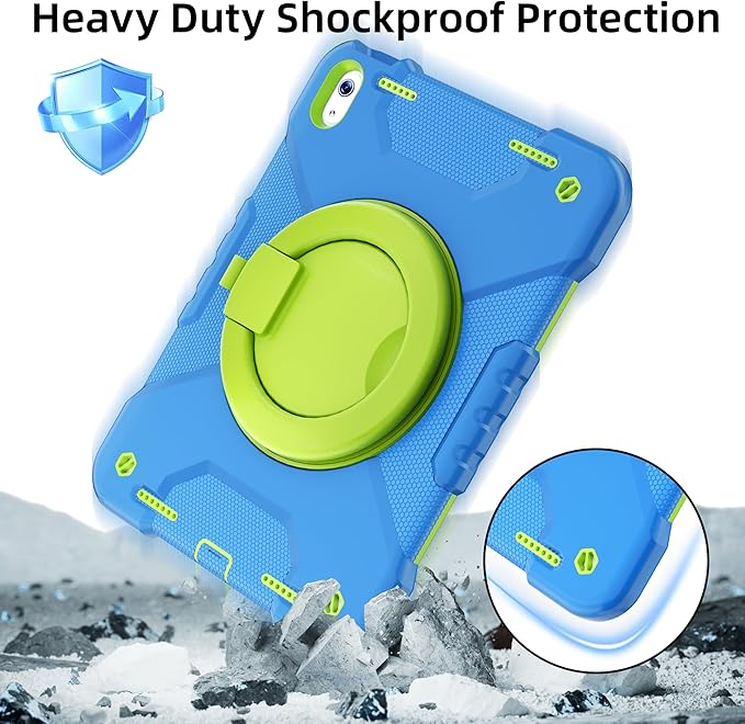 Andnary Case for iPad (A16) 11th Generation 11 inch 2025/10th Generation 10.9 inch 2022, Shockproof Cover with Screen Protector/360° Rotate Handle/Bracket/Pen Holder/Shoulder Strap (Blue+Green)