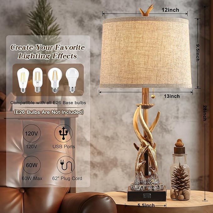 Rustic Deer Antler Table Lamps Set of 2 for Bedroom Farmhouse Bedside Lamps with USB A+C Ports for Living Room End Table Hunting Themed Cabin Lamp Pull Chain Linen, Bulbs Not Included