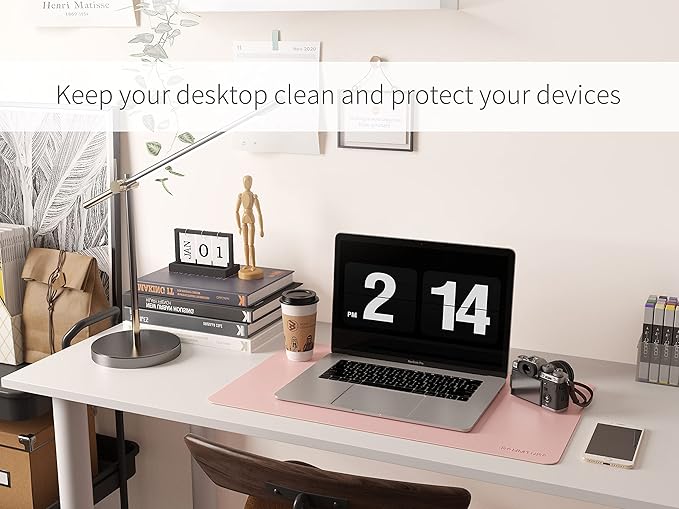 RENMTURE Dual-Sided Mouse Pad, Natural Cork & PU Leather Large Desk Pad for Office and Home Work, Desk Protector Non-Slip, Waterproof, Easy Clean (Pink, 23.6" x 13.7")