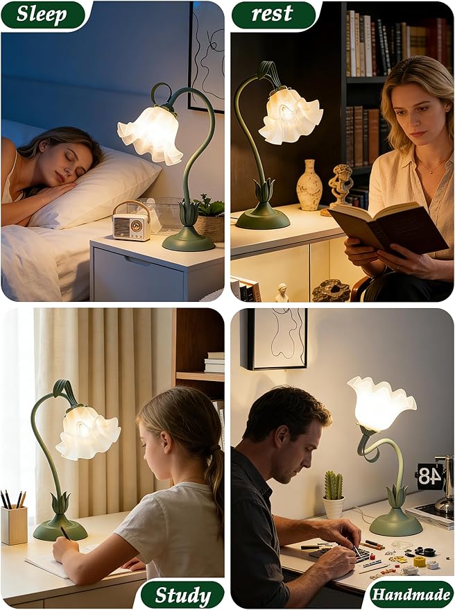 Mothers Day Gifts for Mom, Flower Table Lamp, LED Reading Light 3 Color Modes Bedside Lamps, Vintage Flower Nightstand Lamp Kawaii Table Lamps for Bedroom Living Room Home Decoration(Green lamp)