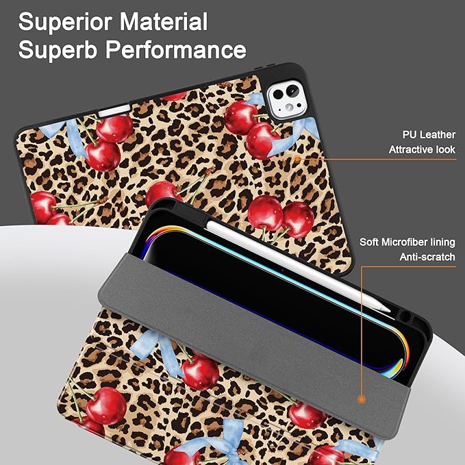 DONGKE Case for iPad Pro 11 inch (M5 2025 / M4 2024, 6th & 5th Generation) – [Built-in Pencil Holder] Ultra Slim PU Leather Trifold Stand Cover with Soft TPU Back, Auto Wake/Sleep, Leopard