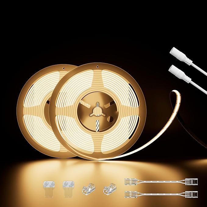 PAUTIX COB LED Strip Lights 40ft/12.2m Super Bright,504 LEDs/m Warm White 3000K CRI90+ Flexible LED Tape 24V for Cabinet Home DIY Lighting Projects with 2pcs COB Connector(Power Supply Not Included)