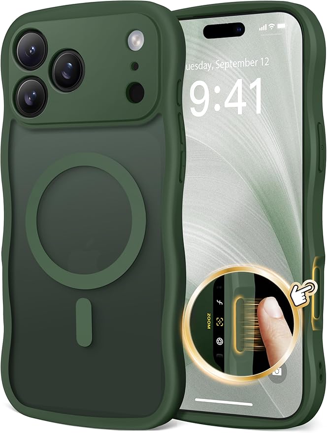 CAPRARO Magnetic for iPhone 17 Pro Case for Women Girls, Upgraded [Full Camera Protection] [Compatible with MagSafe] Cute Wave Translucent Matte Phone Case for iPhone 17 Pro, Deep Green