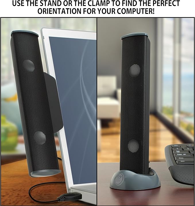 GOgroove SonaVERSE USB Speakers for Laptop Computer - USB Powered Mini Sound Bar with Clip-On Portable External Speaker Design for Monitor, One Cable for Digital Audio Input and Power (Black)